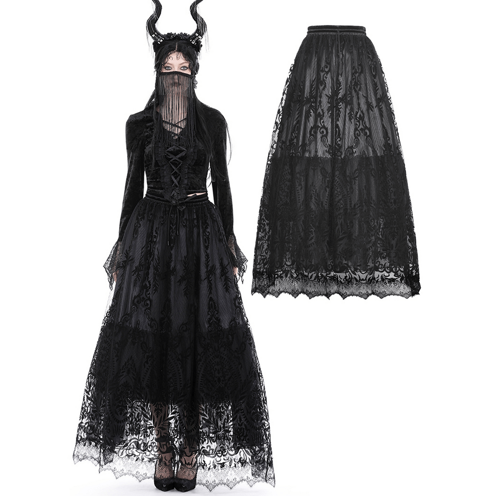 Gothic Chic Floral Lace Maxi Skirt featuring dramatic damask pattern in elegant black mesh.