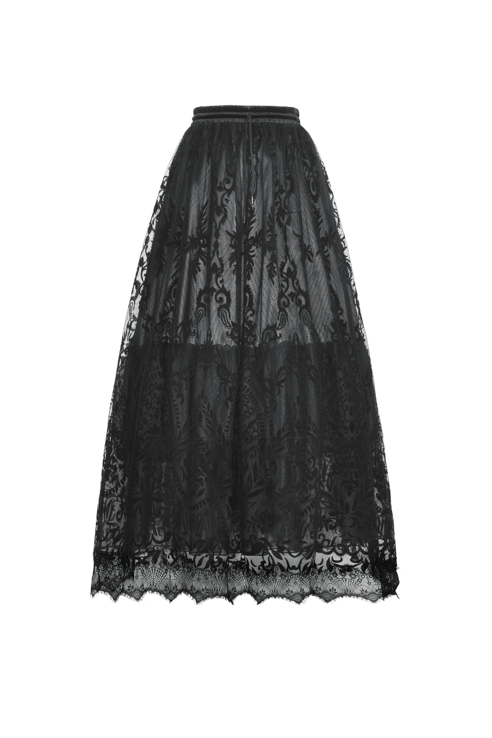 Gothic chic black lace maxi skirt with a flocked damask pattern and sheer overlay, perfect for a Victorian-inspired look.