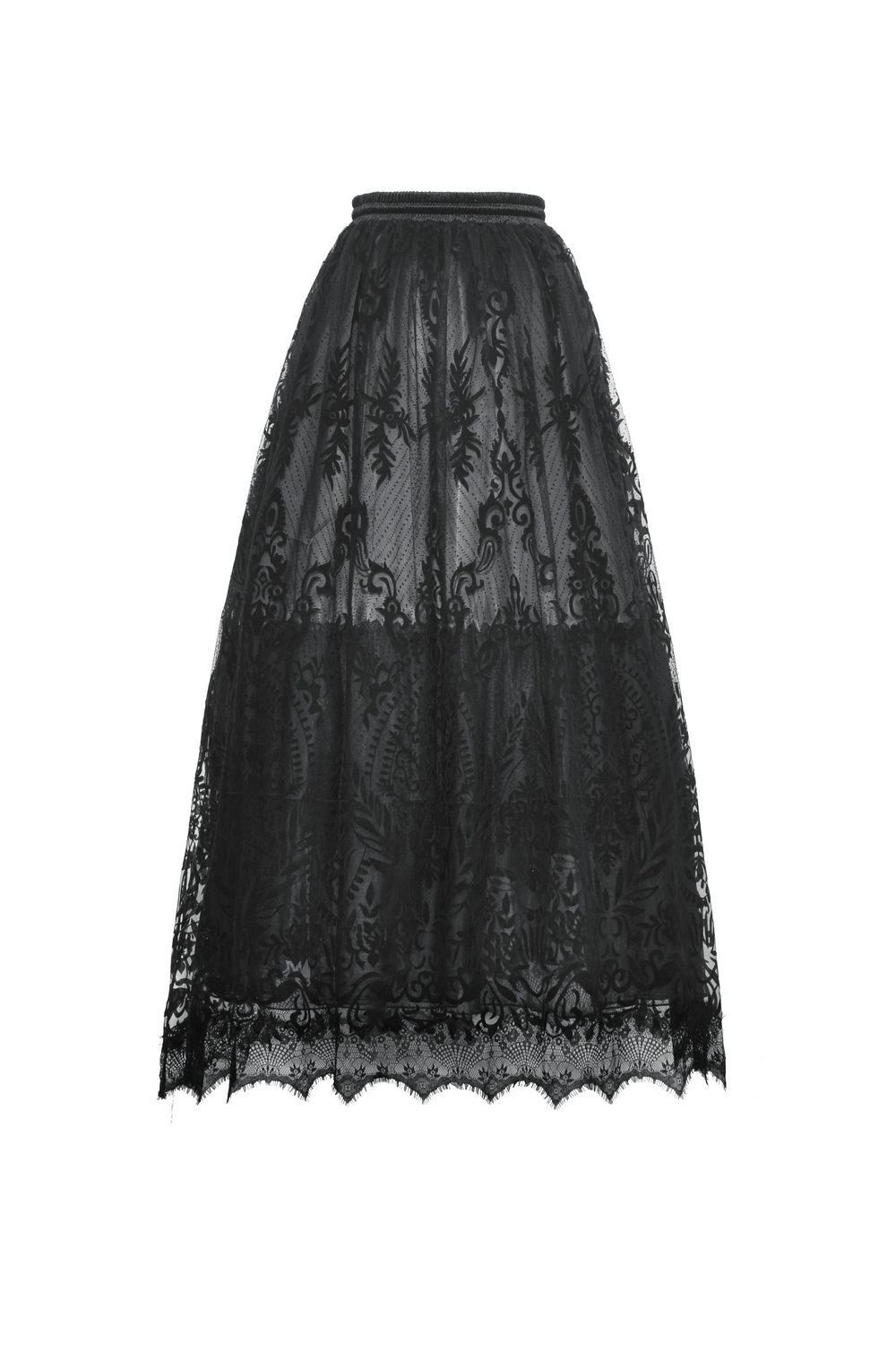 Gothic chic black lace maxi skirt with intricate flocked damask pattern and sheer mesh overlay.