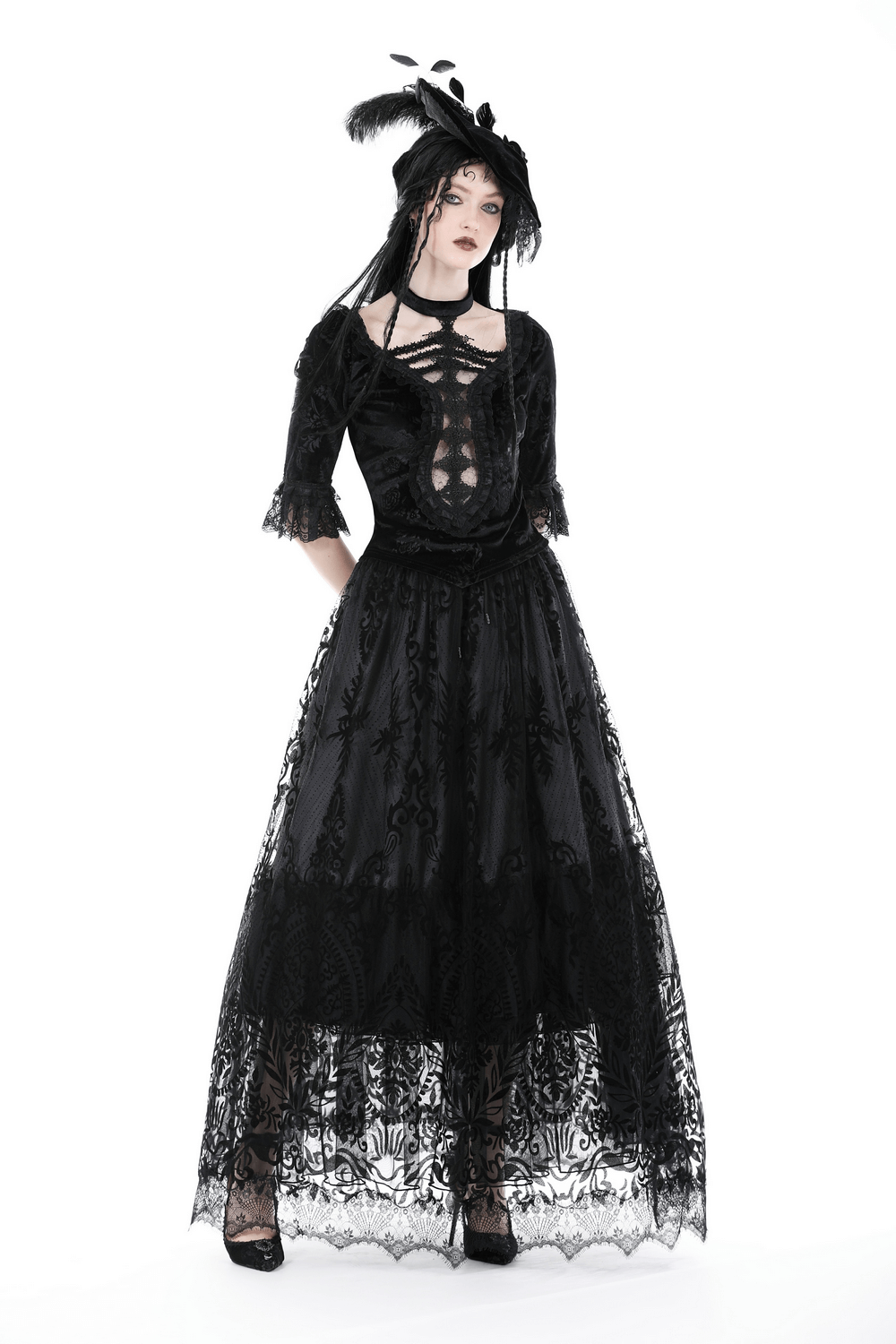 Gothic chic black lace maxi skirt with intricate floral design and sheer overlay, perfect for a Victorian romance look.