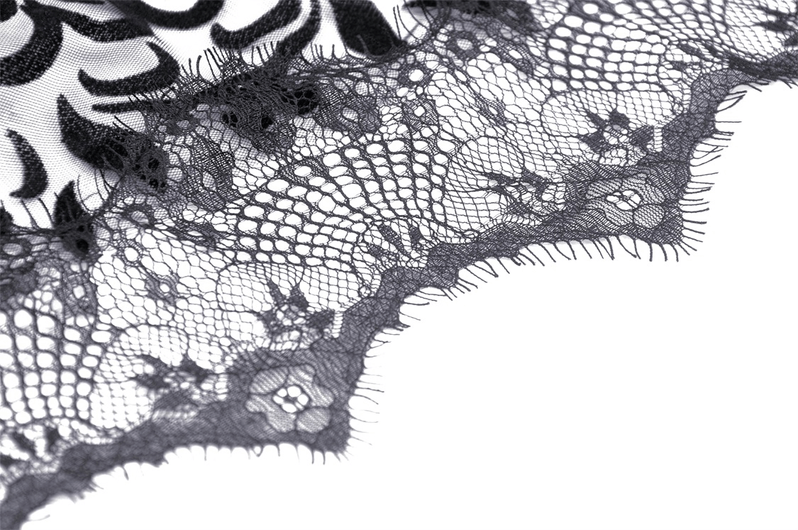 Close-up of intricate black lace showcasing baroque floral and damask patterns, perfect for Gothic chic fashion.