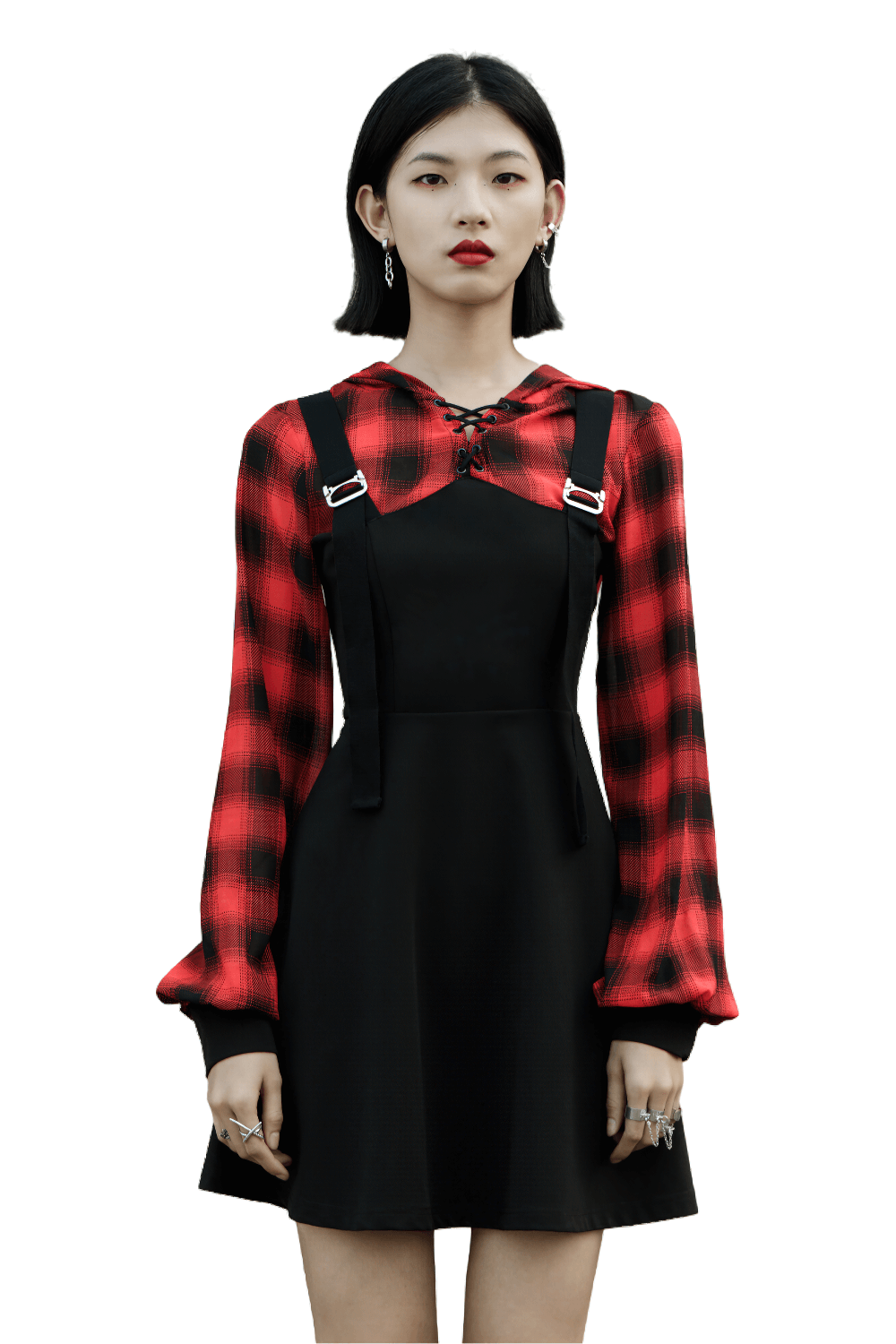 Gothic chic plaid hooded mini dress in black and red, featuring metal buckles and lace-up collar for edgy style.