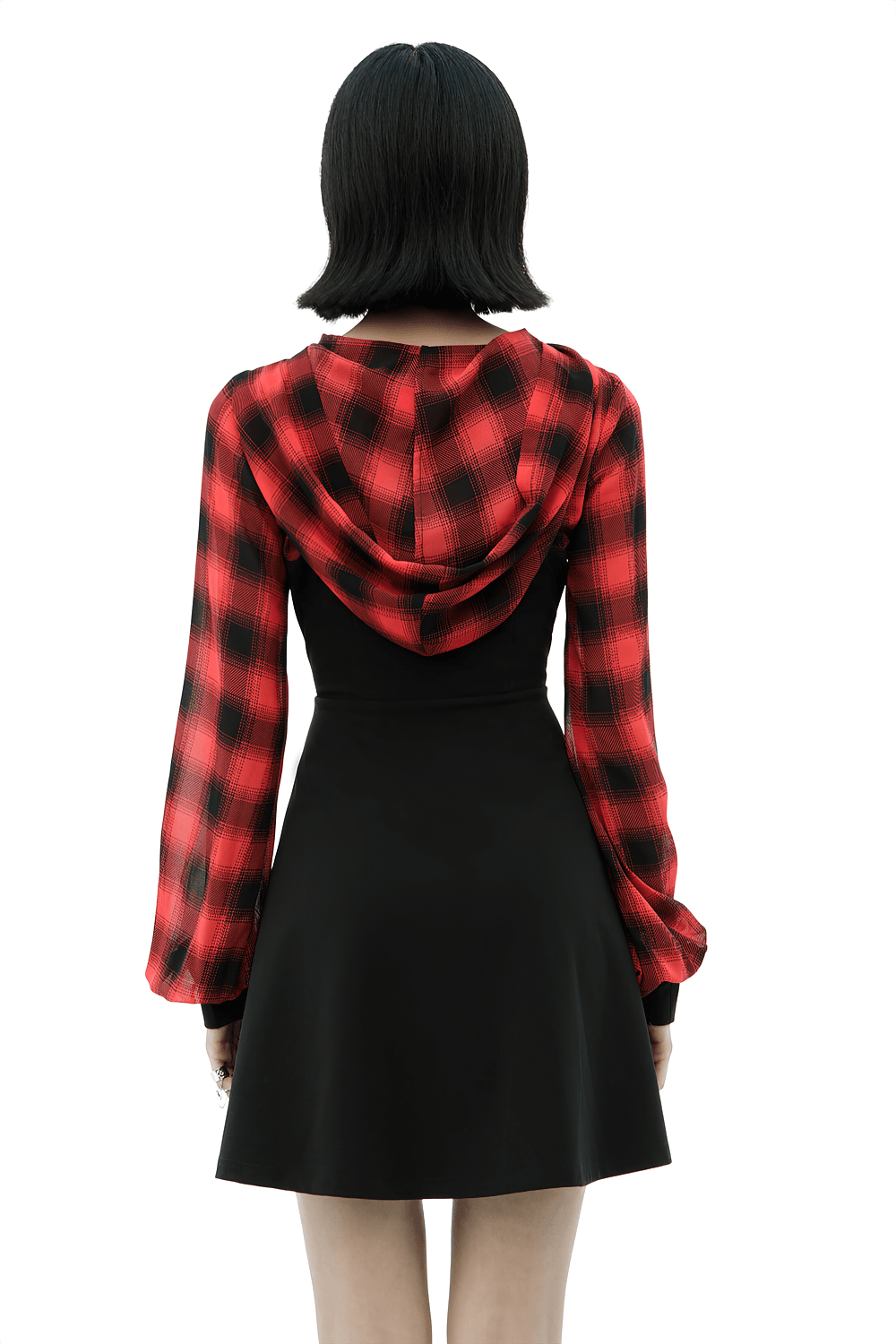 Back view of Gothic Chic Plaid Hooded Mini Dress featuring red plaid overlay and black bodice, perfect for punk rock style.