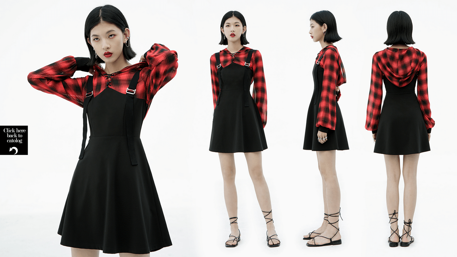 Gothic chic black and red plaid hooded mini dress with metal buckles and lantern sleeves, perfect for punk rock style.
