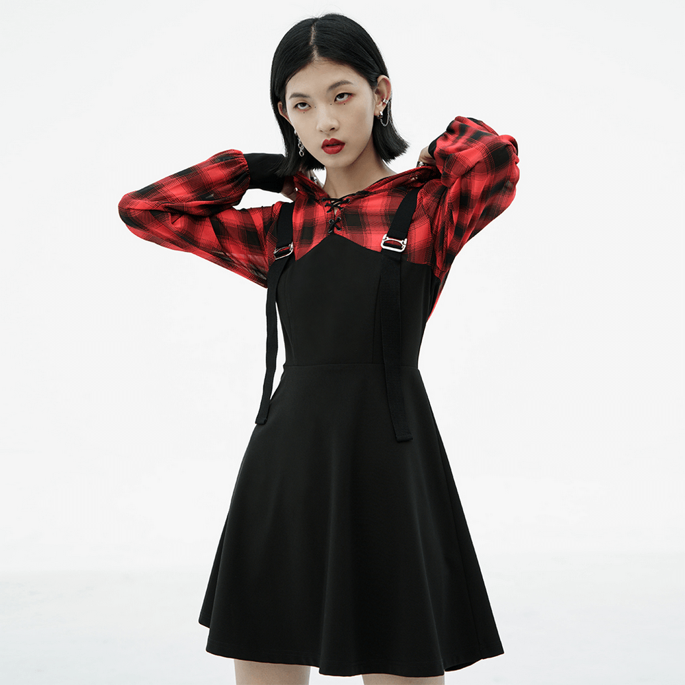 Gothic Chic Plaid Hooded Mini Dress with Metal Buckles