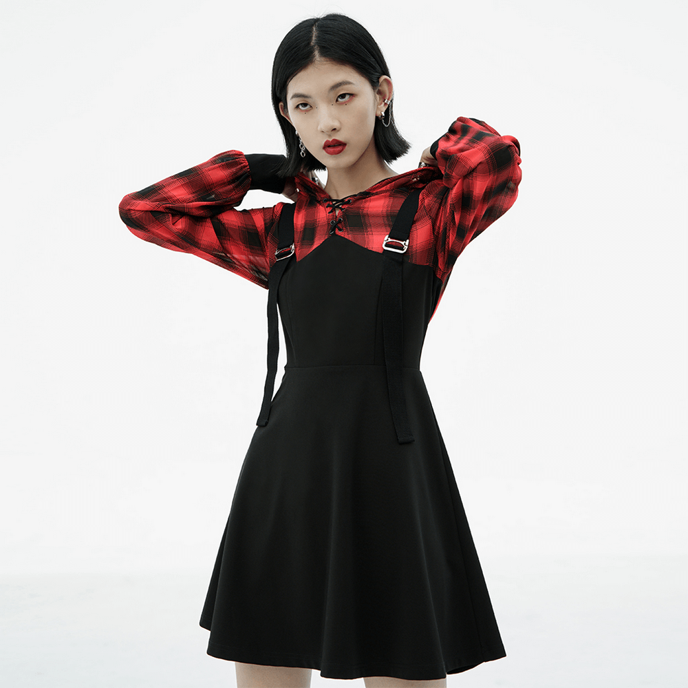 Gothic chic black and red plaid hooded mini dress with metal buckles, perfect for punk rock style.