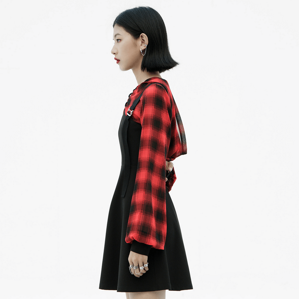 Side view of a Gothic Chic Plaid Hooded Mini Dress with black bodice and red plaid overlay, showcasing edgy style.