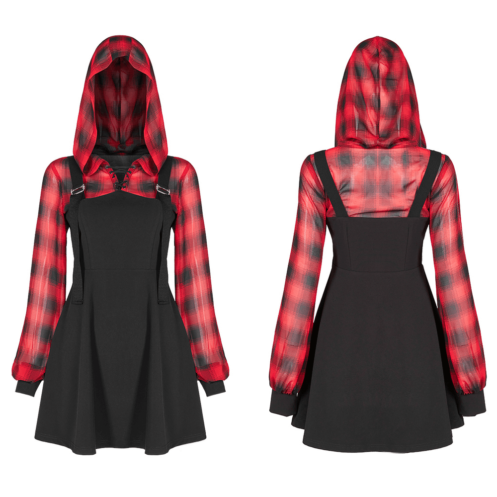 Gothic chic black and red plaid hooded mini dress with metal buckles and lantern sleeves.