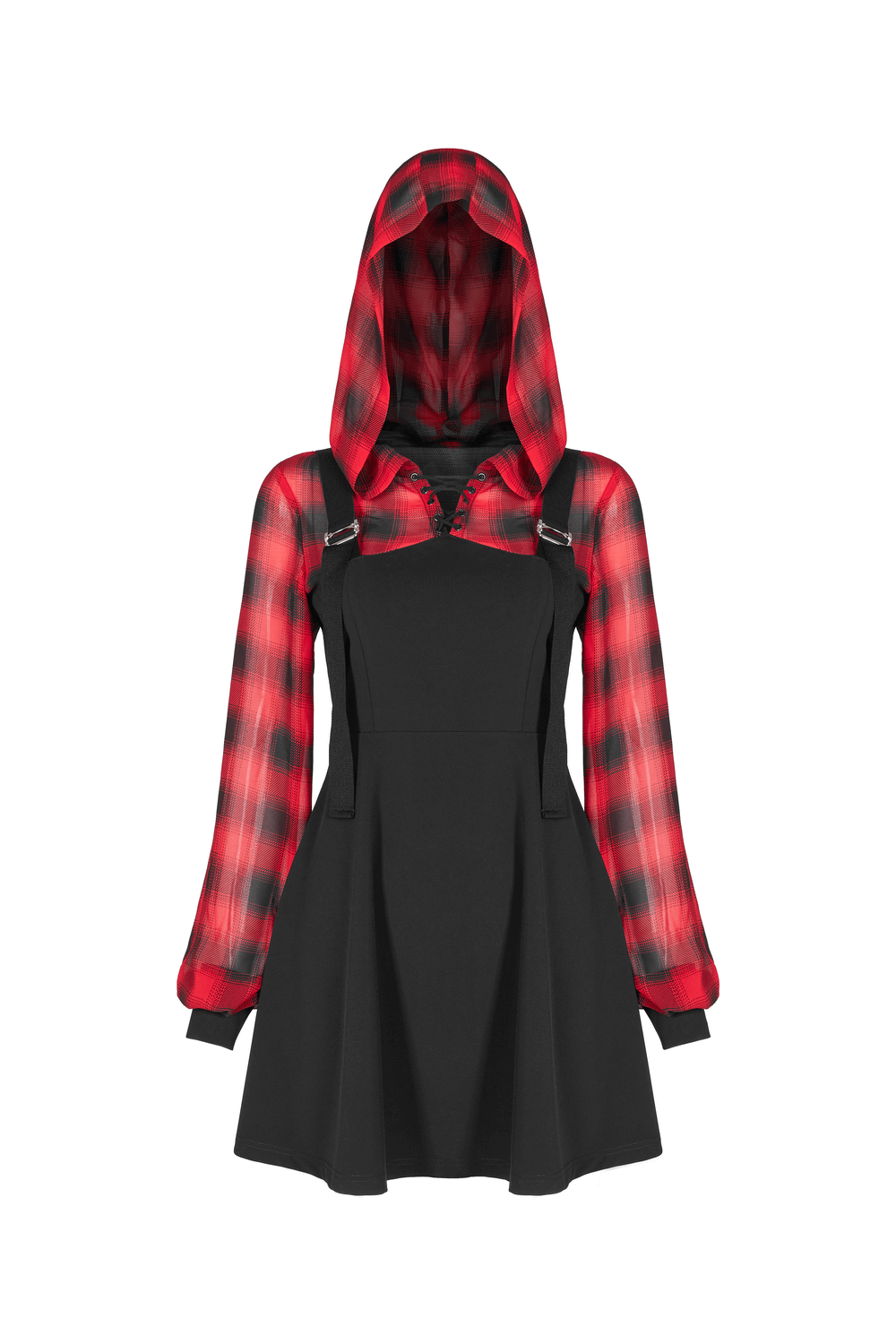Gothic Chic Plaid Hooded Mini Dress with Metal Buckles