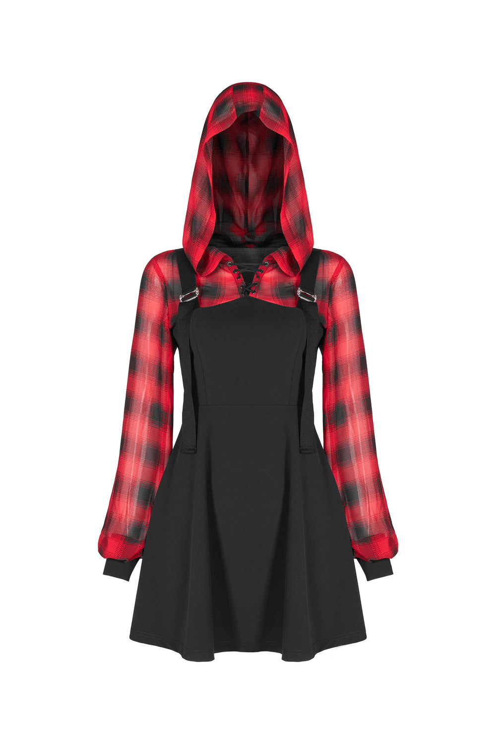 Gothic Chic Plaid Hooded Mini Dress in black and red with lace-up collar and metal buckles for punk rock style.