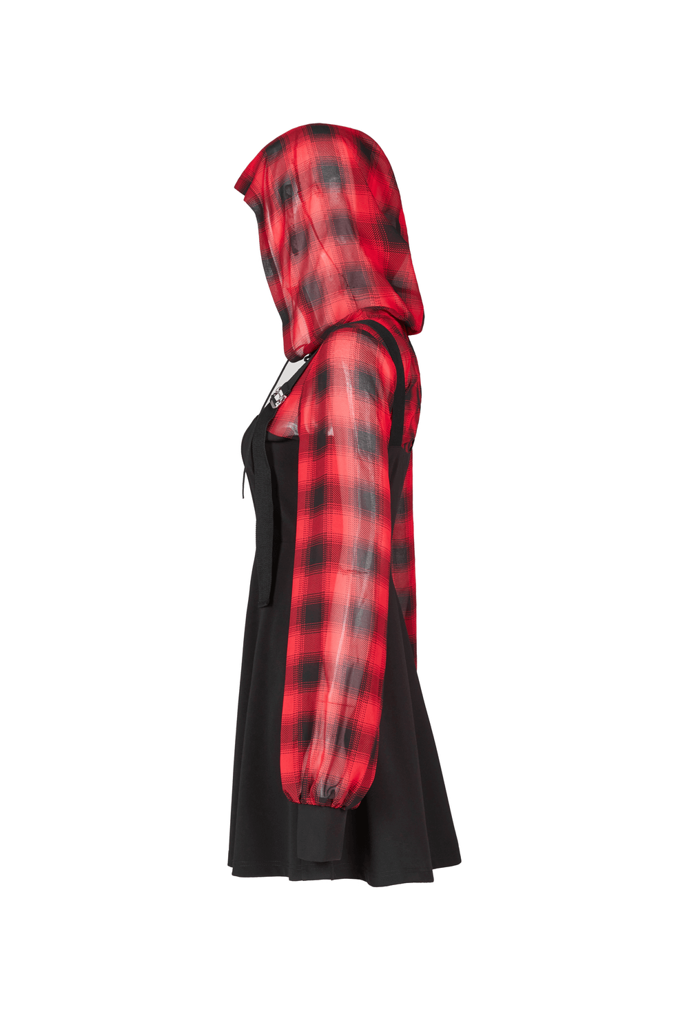 Gothic chic plaid hooded mini dress in black and red with edgy details and metal buckles, perfect for punk rock vibes.