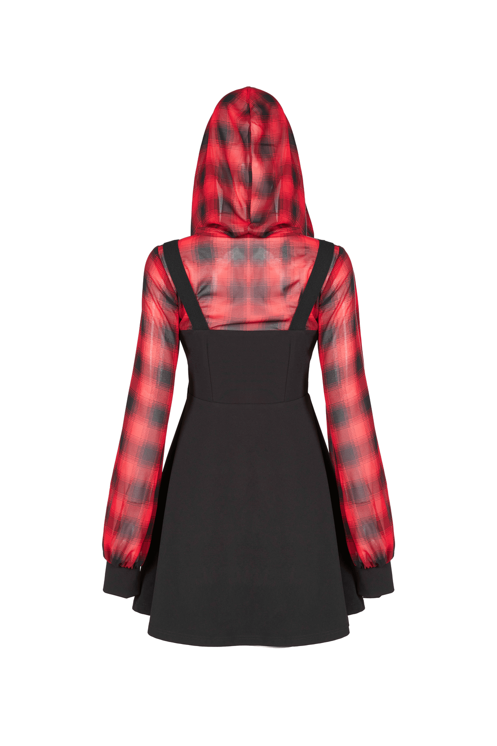 Back view of Gothic Chic Plaid Hooded Mini Dress in black and red plaid with lantern sleeves and metal details.