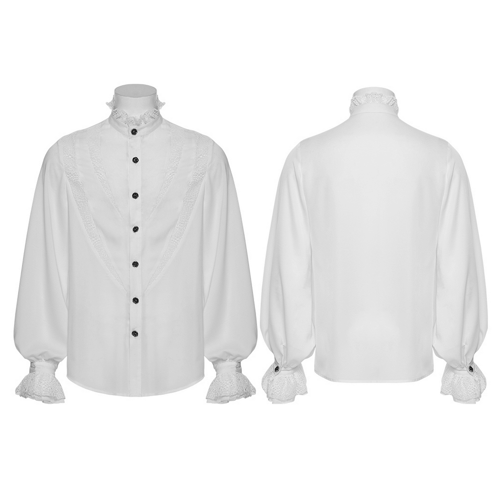 Elegant white blouse with lace details and button front, showcasing a classic Victorian-inspired design.
