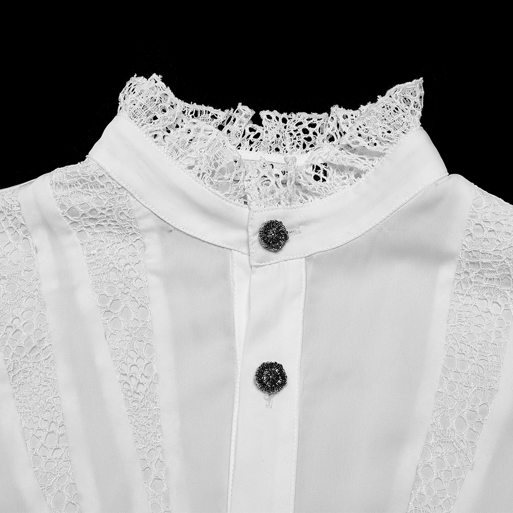Elegant white chiffon shirt collar with lace details and button accents, perfect for gothic or Victorian-inspired fashion.