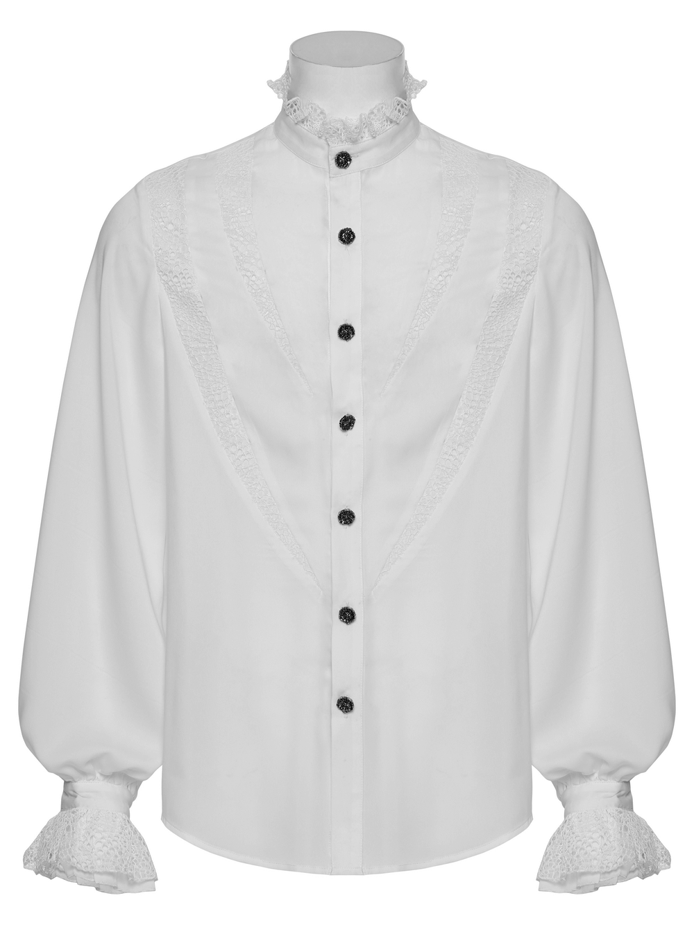 Elegant white blouse with lace detailing, high collar, and black buttons for a sophisticated look.