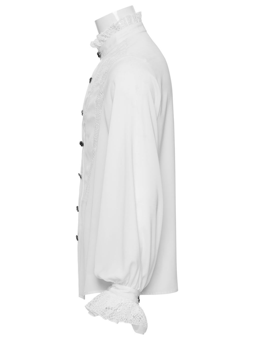 Side view of a white Gothic chiffon shirt with lace detailing and buttons, perfect for alternative fashion.