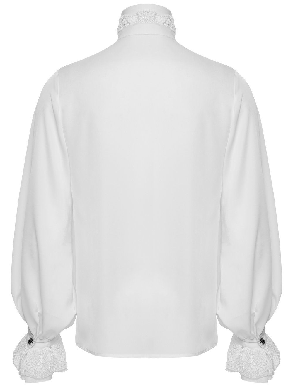 Back view of a white Gothic chiffon shirt with lace details and dramatic puffed sleeves.