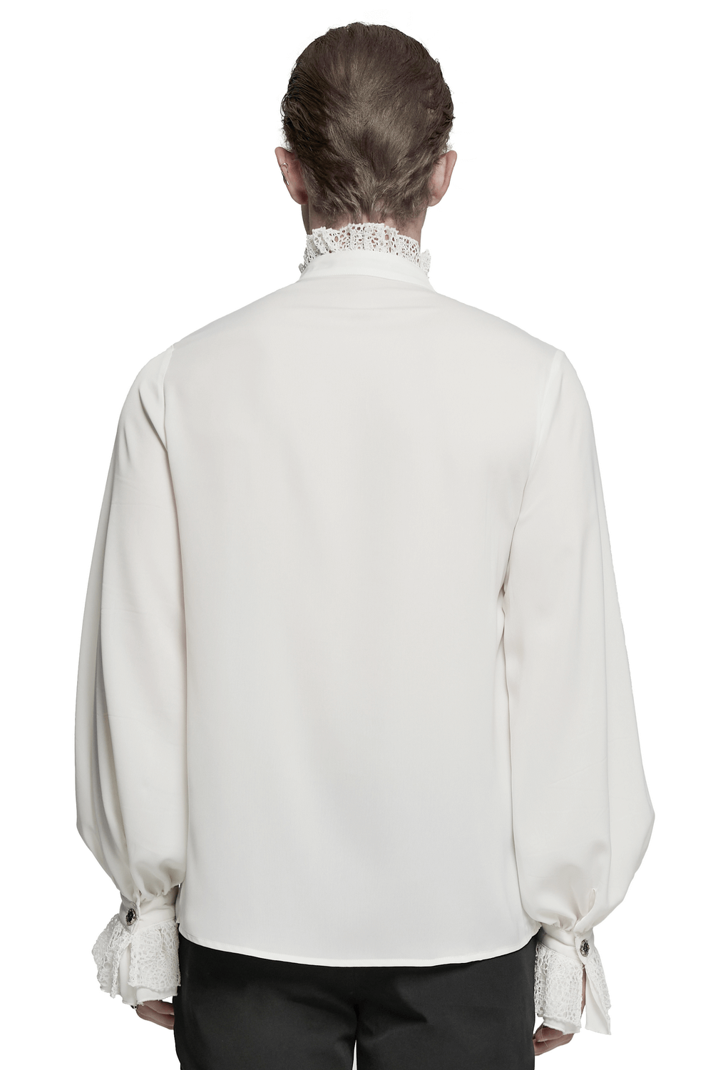 Back view of a Gothic chiffon shirt with lace details and dramatic puff sleeves.