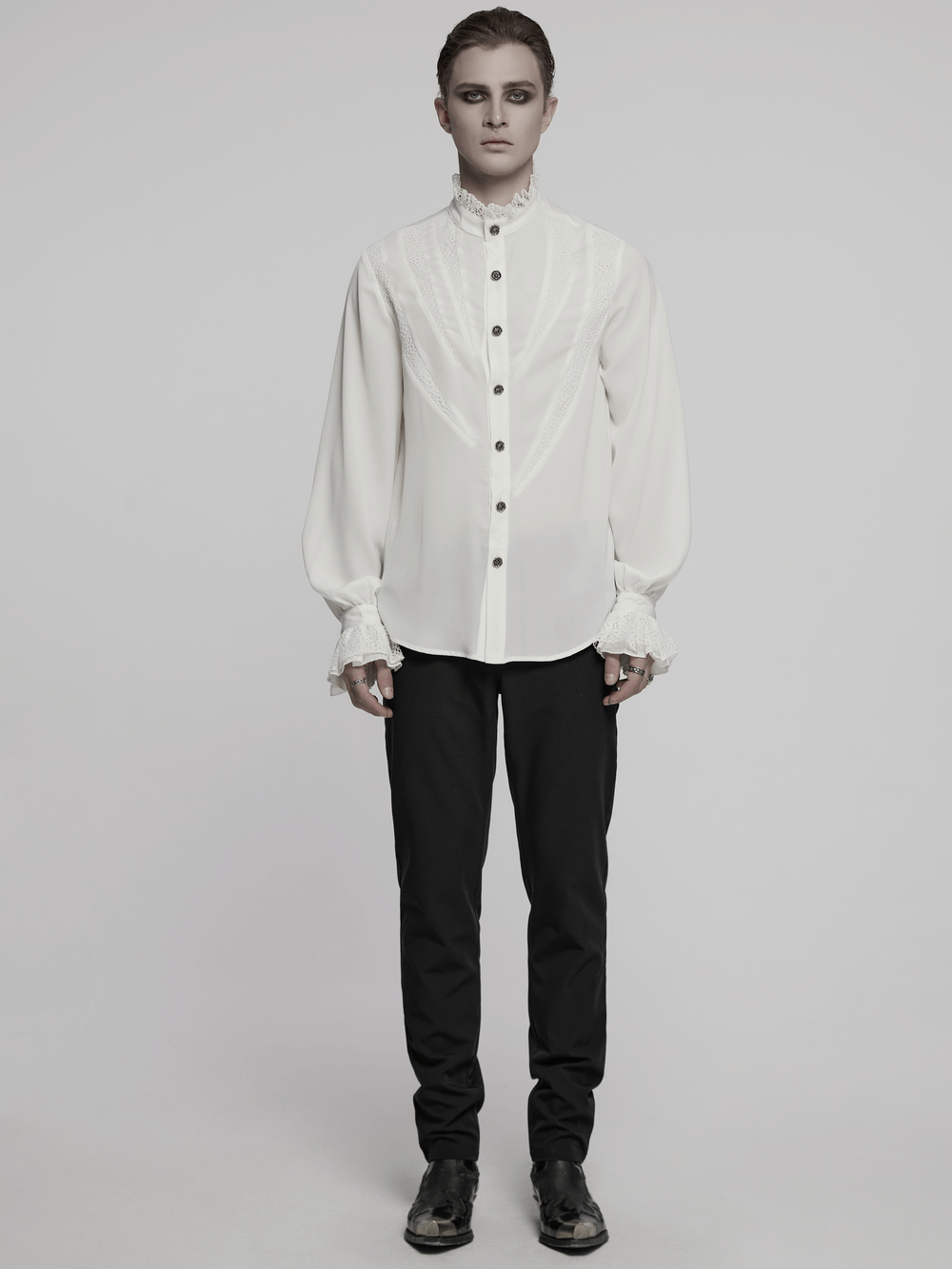 Gothic chiffon shirt with lace details and sharp teeth design, perfect for alternative fashion enthusiasts.