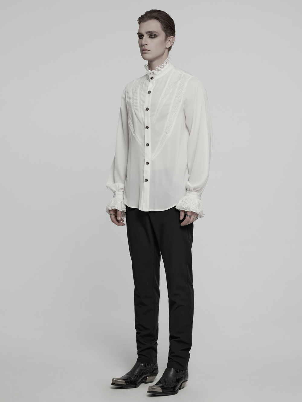 Gothic chiffon shirt with lace detailing and button-up front, paired with stylish black pants.