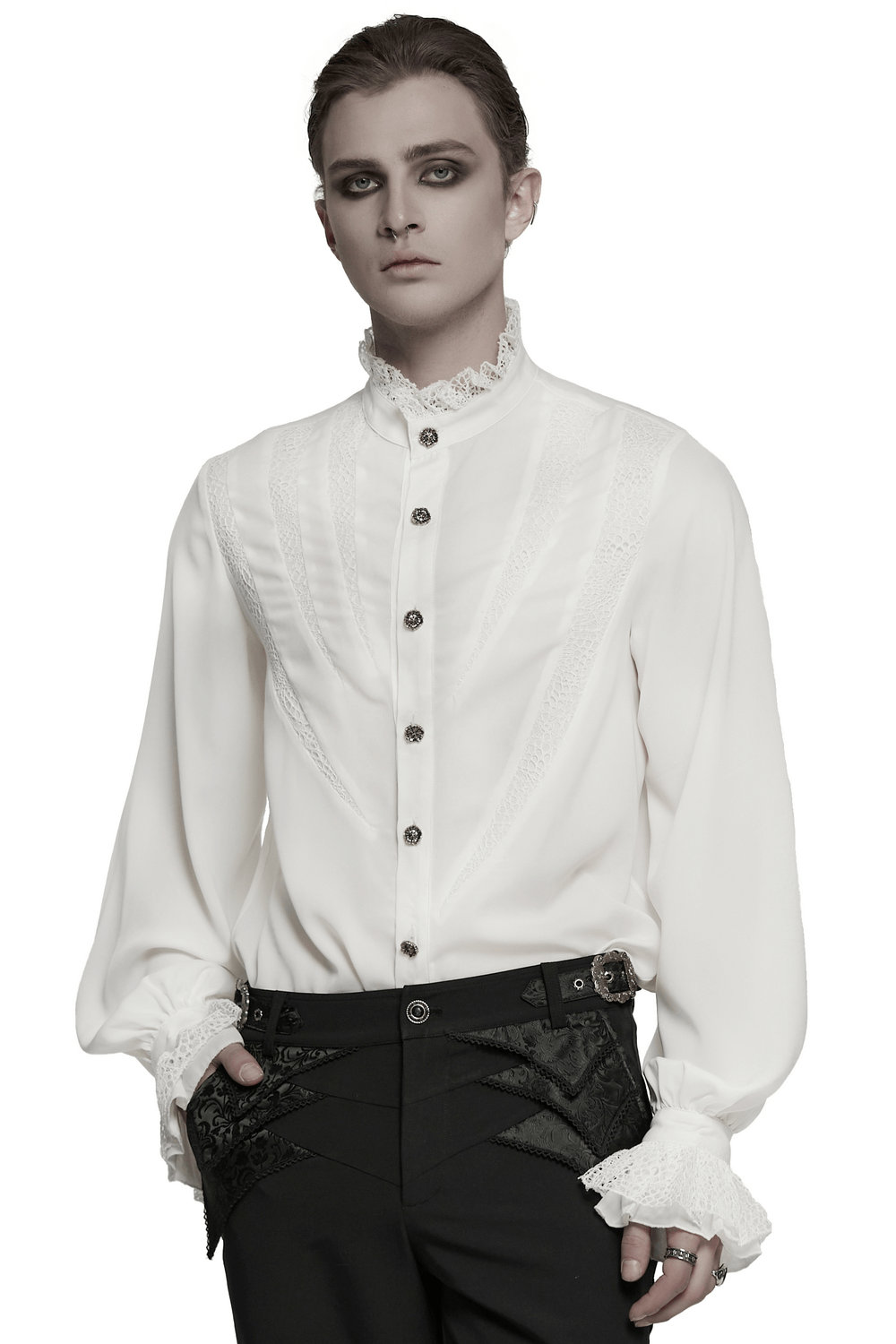 Gothic chiffon shirt with lace detailing and sharp teeth design, styled for alternative fashion enthusiasts.