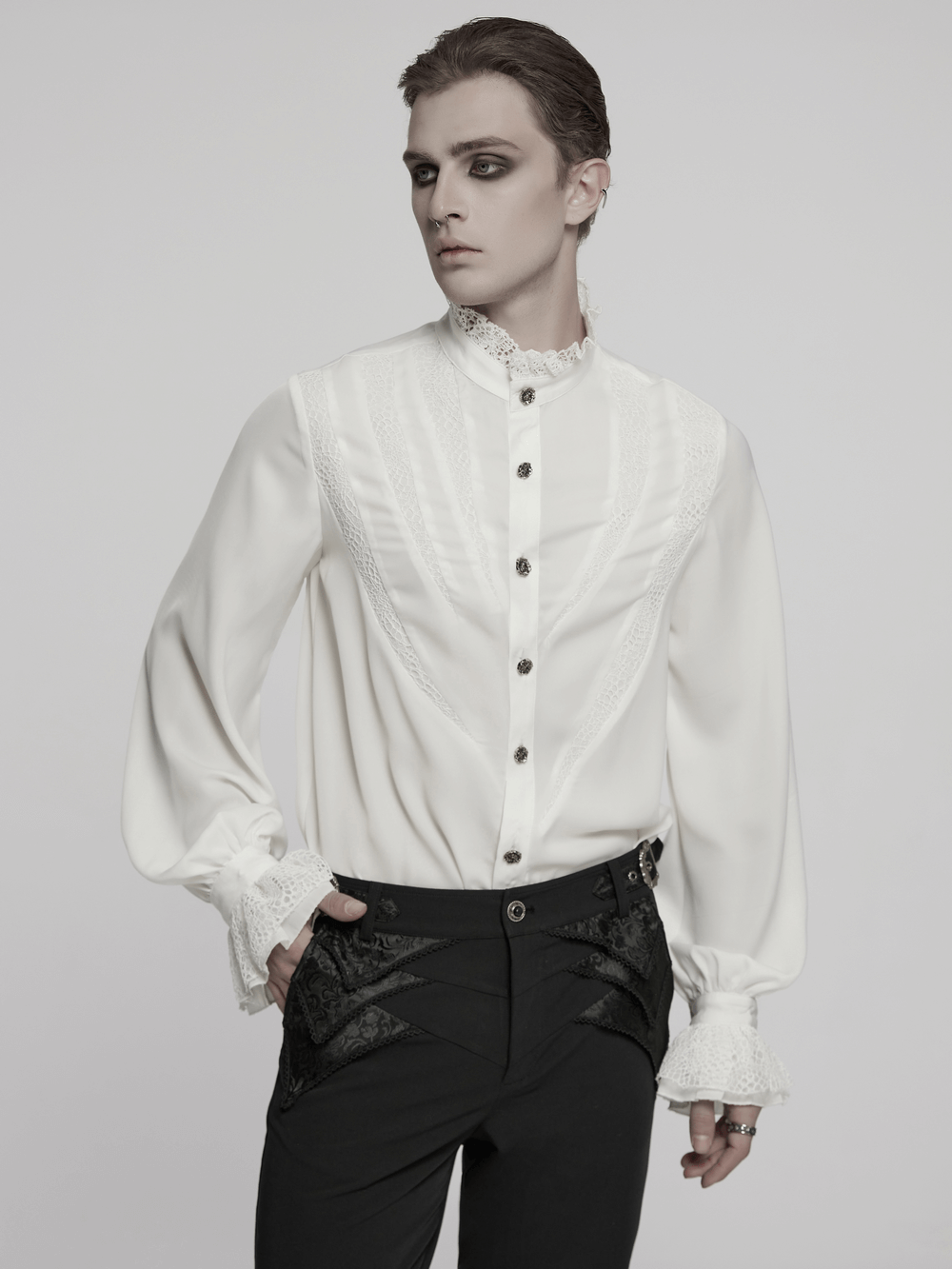 Gothic chiffon shirt with lace accents, featuring sharp teeth design, perfect for alternative fashion lovers.