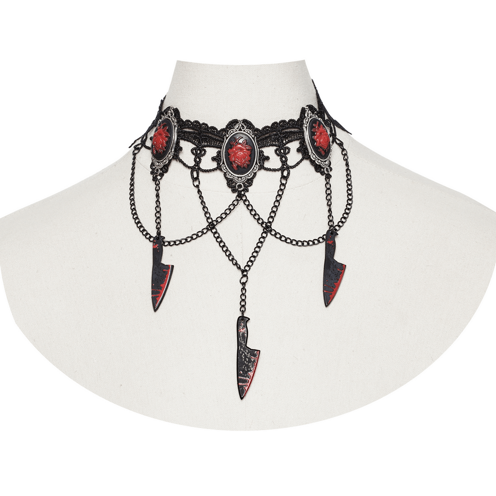 Gothic Choker Necklace with Red Rose and Knife Charms