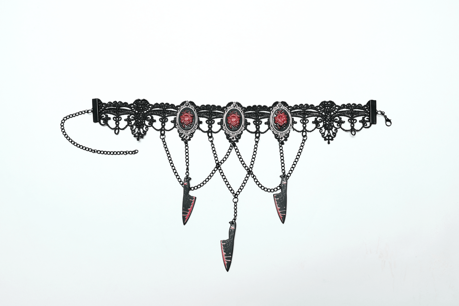 Gothic Choker Necklace with Red Rose and Knife Charms