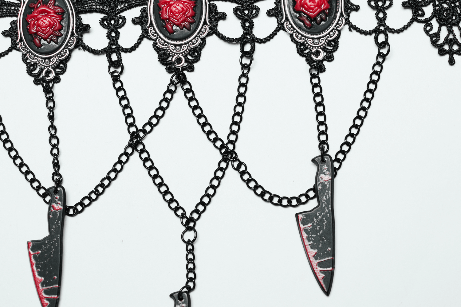 Gothic Choker Necklace with Red Rose and Knife Charms