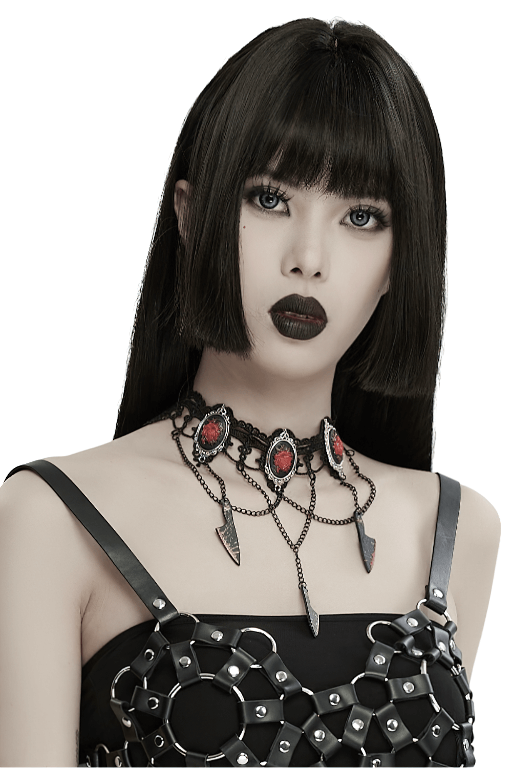 Gothic Choker Necklace with Red Rose and Knife Charms