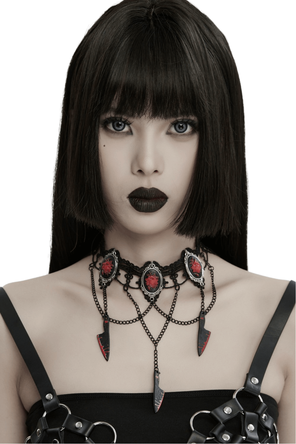 Gothic Choker Necklace with Red Rose and Knife Charms