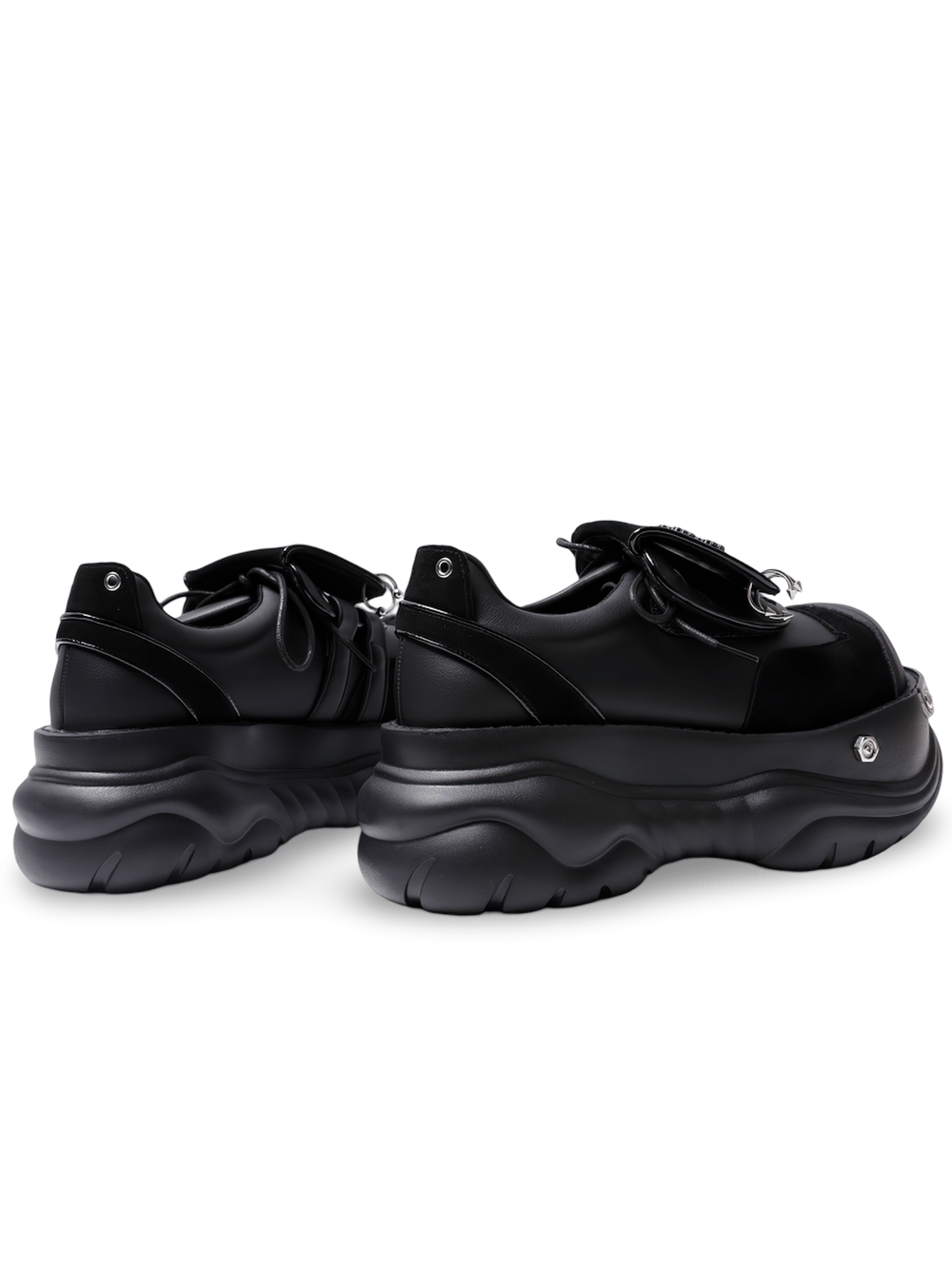 Gothic Chunky Platform Sneakers With Studded Details, showing black leather back view with spike accents.
