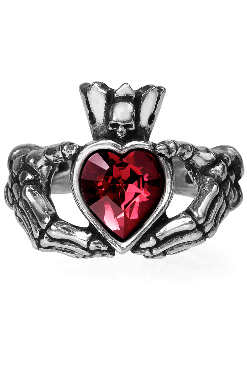 Gothic Claddagh ring with red heart crystal, symbolizing love and loyalty, crafted from fine English pewter.