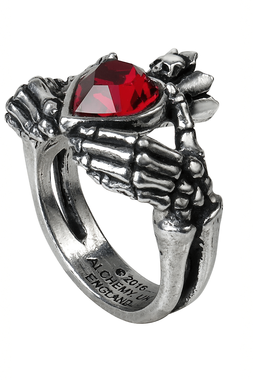 Gothic Claddagh by Night Ring with red heart crystal held by skeletal hands, symbolizing love and loyalty.