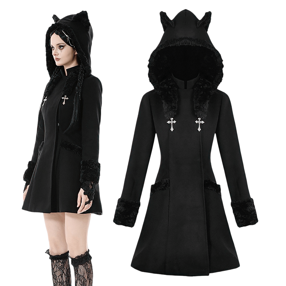 Gothic Coat with Plush Faux Fur Cuffs and Cat Ear Hood in black, showcasing sleek design and elegant details.