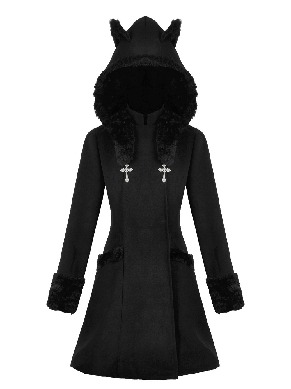 Gothic Coat with Plush Faux Fur Cuffs and Cat Ear Hood in elegant black with cross pendants and soft lining.