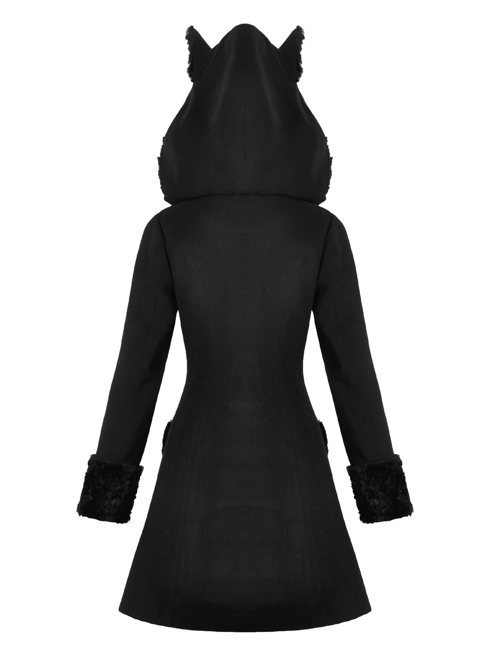 Gothic Coat with Plush Faux Fur Cuffs and Cat Ear Hood back view showcasing elegant design.