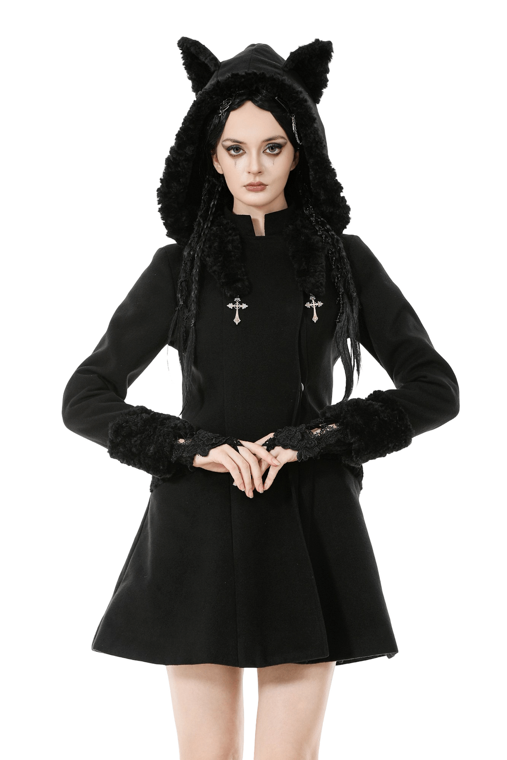 Gothic Coat with Plush Faux Fur Cuffs and Cat Ear Hood worn by a model, featuring a stylish A-line silhouette.