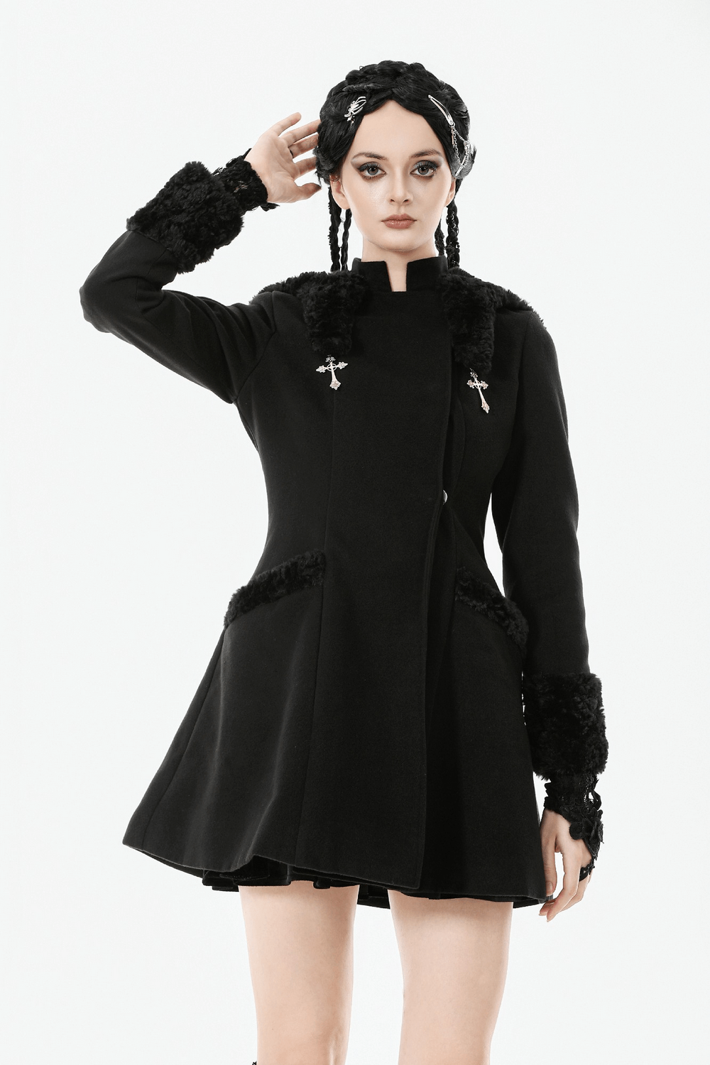 Gothic Coat with Plush Faux Fur Cuffs and Cat Ear Hood modeled by a woman in a stylish pose.