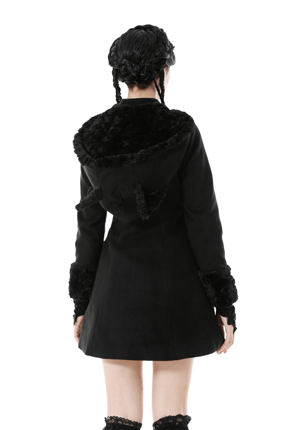 Gothic Coat with Plush Faux Fur Cuffs and Cat Ear Hood showcased from the back, highlighting the cat-ear hood and faux fur details.