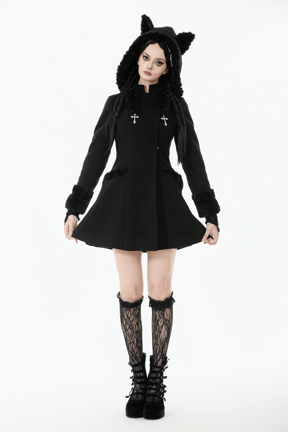 Gothic Coat with Plush Faux Fur Cuffs and Cat Ear Hood on model with lace stockings and chunky boots.