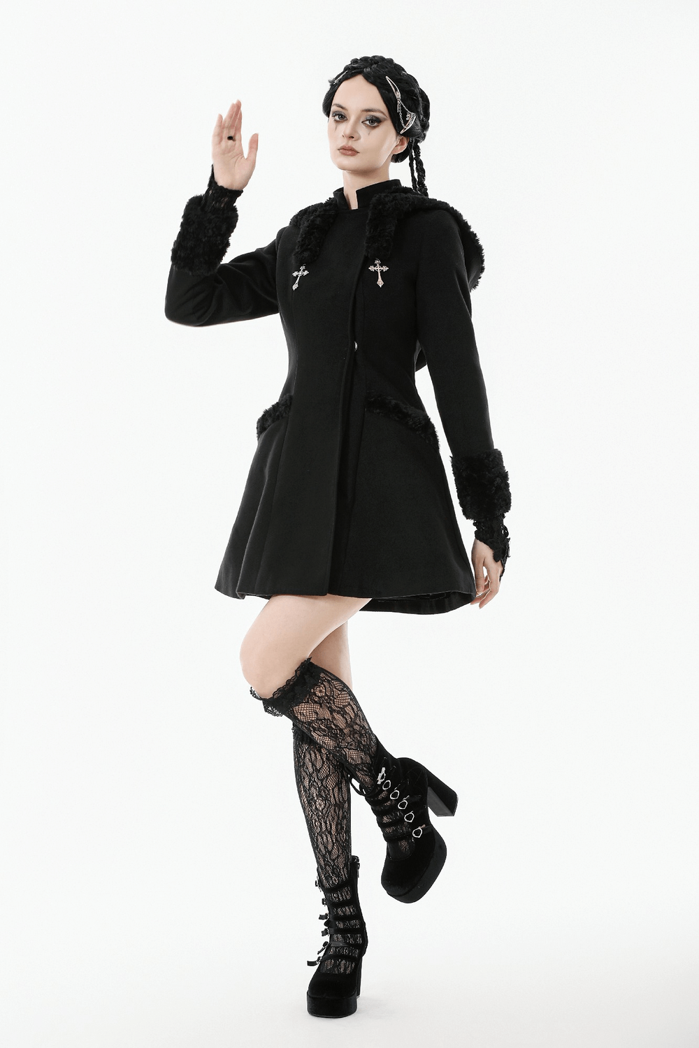 Gothic Coat with Plush Faux Fur Cuffs and Cat Ear Hood worn by a model in a stylish pose.