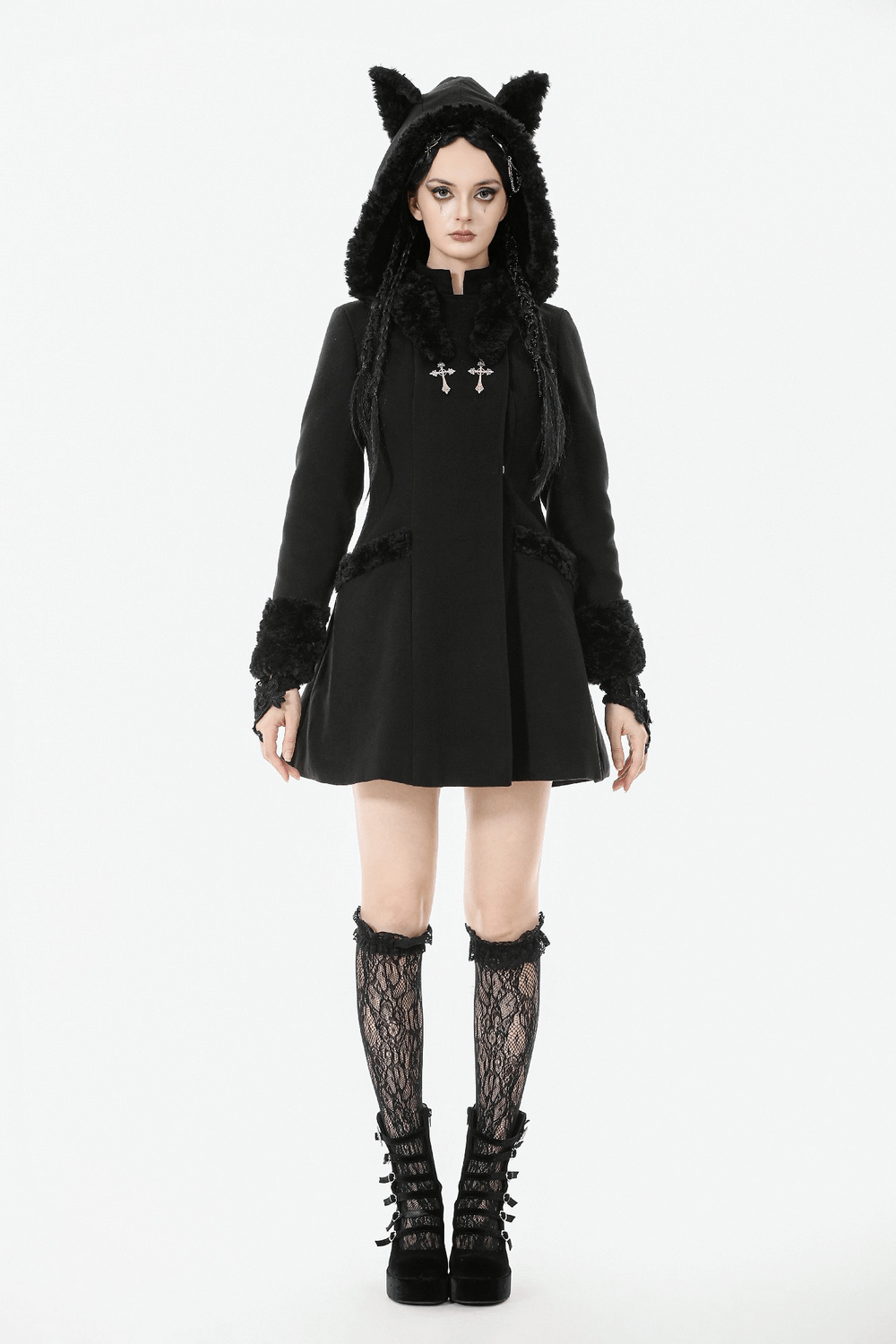 Gothic Coat with Plush Faux Fur Cuffs and Cat Ear Hood worn by a model in a stylish pose