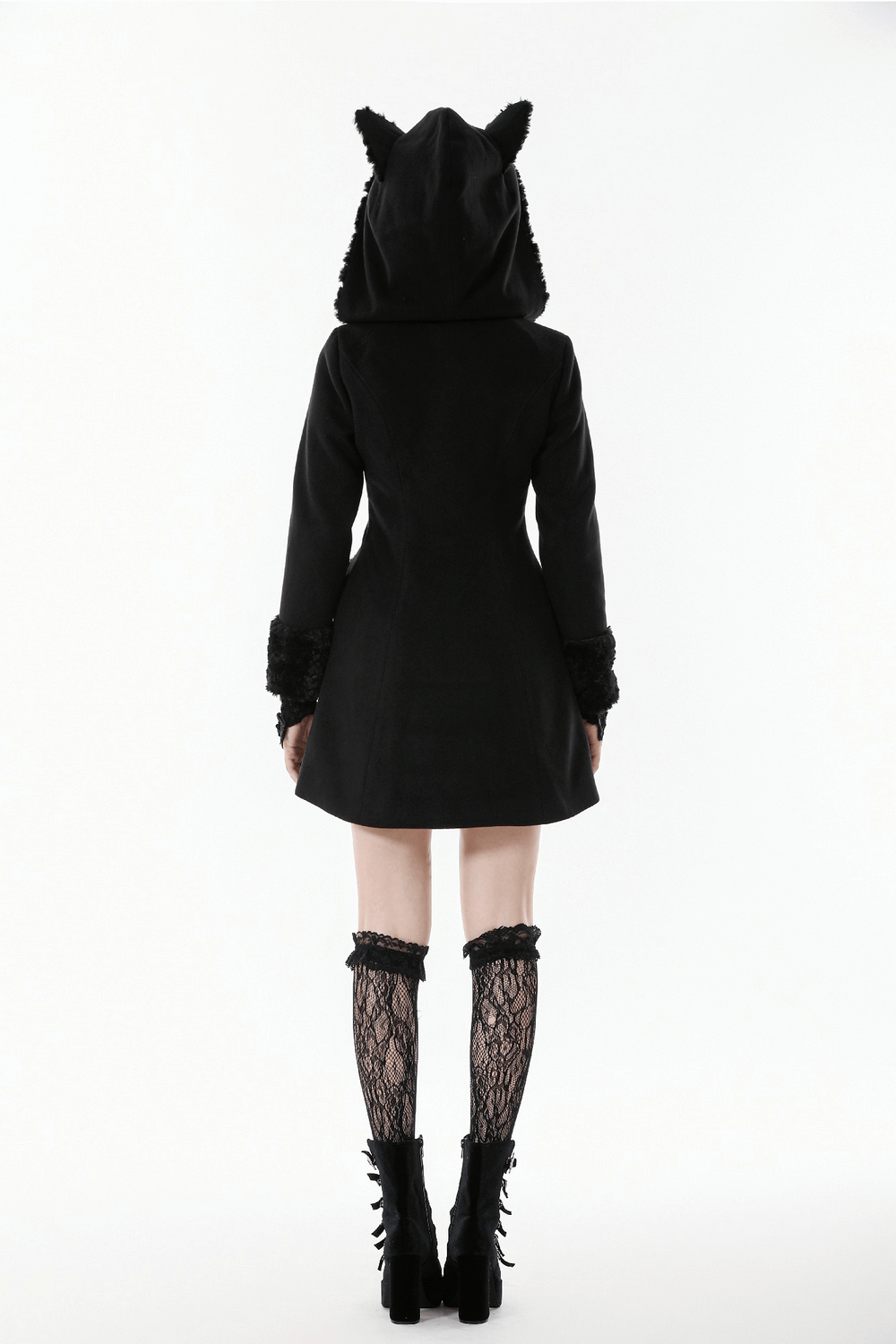Gothic Coat with Plush Faux Fur Cuffs and Cat Ear Hood worn from behind, showcasing its elegant silhouette and cat ear hood.