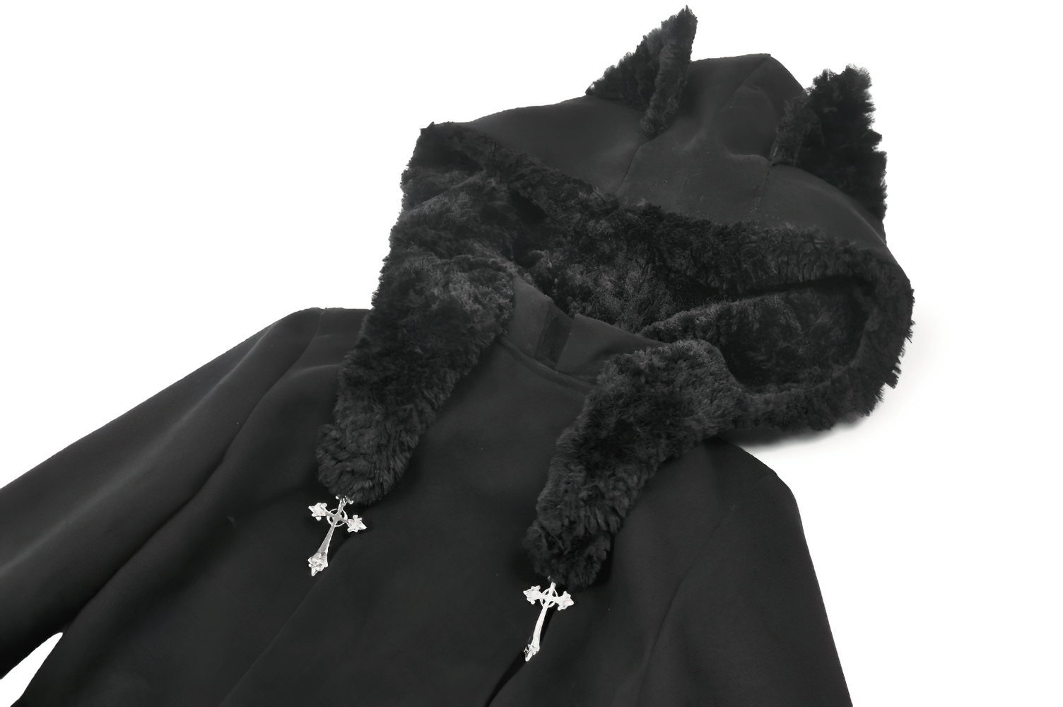 Gothic Coat with Plush Faux Fur Cuffs and Cat Ear Hood featuring cross pendants and a soft fur-lined hood.
