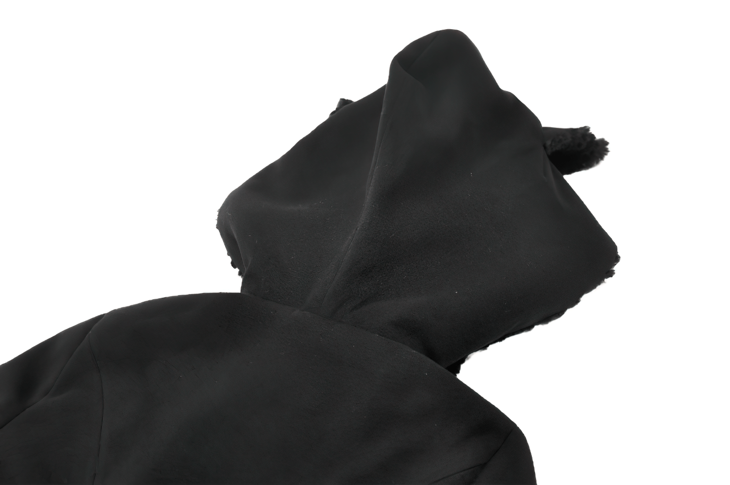 Gothic Coat with Plush Faux Fur Cuffs and Cat Ear Hood - close-up of cat ear hood detailing in black.