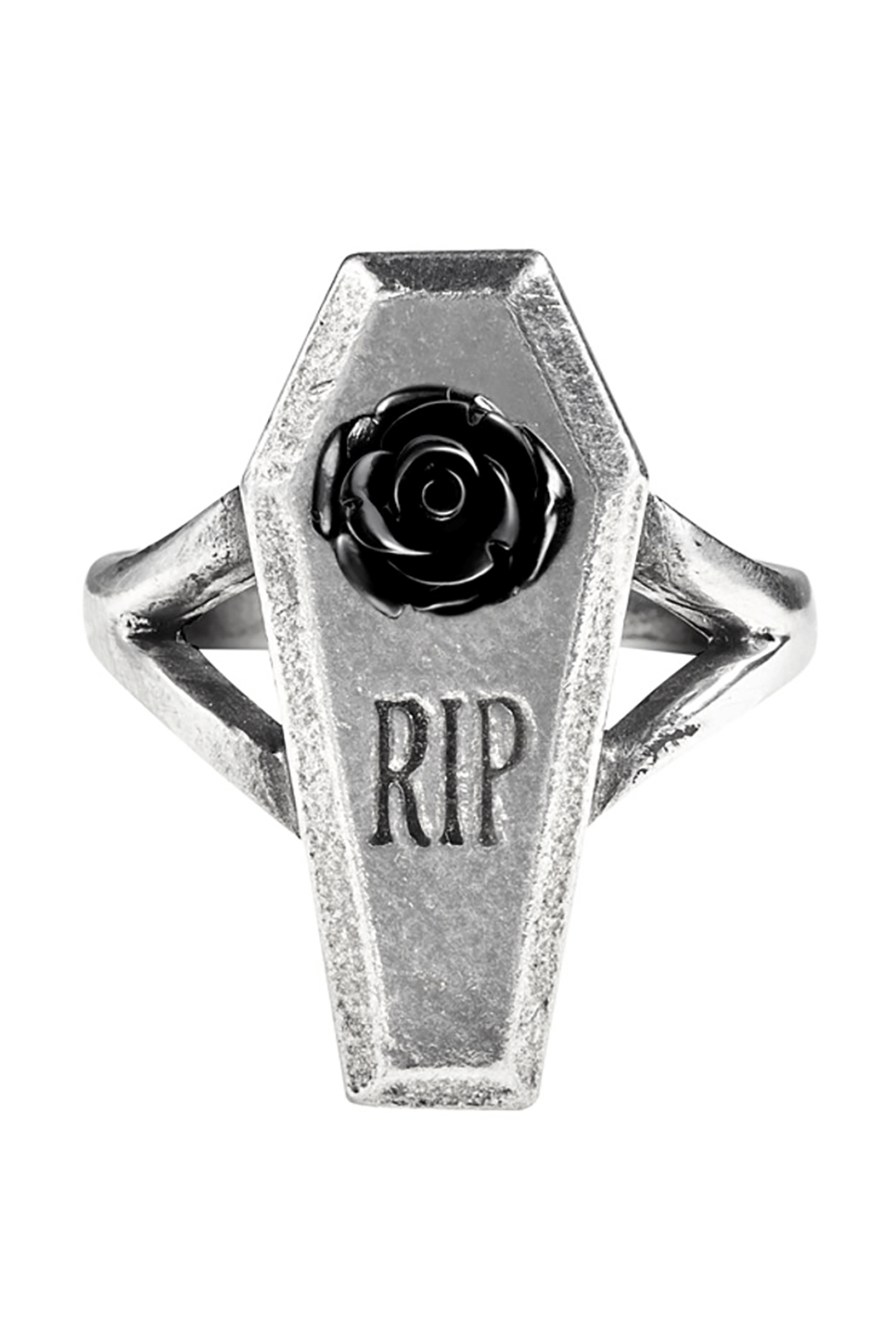 Gothic pewter coffin ring with 'RIP' engraving and black resin rose for dark fashion enthusiasts.