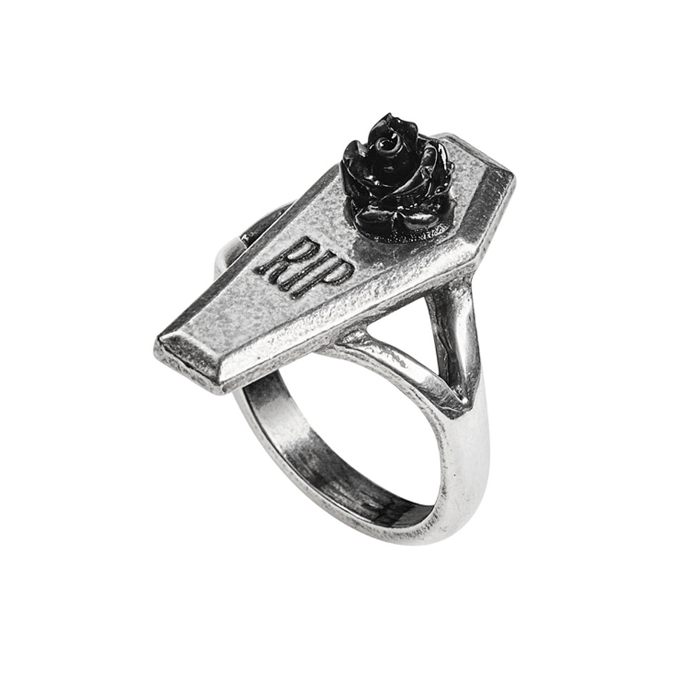 Gothic pewter coffin ring with 'RIP' engraving and black rose for dark fashion lovers.