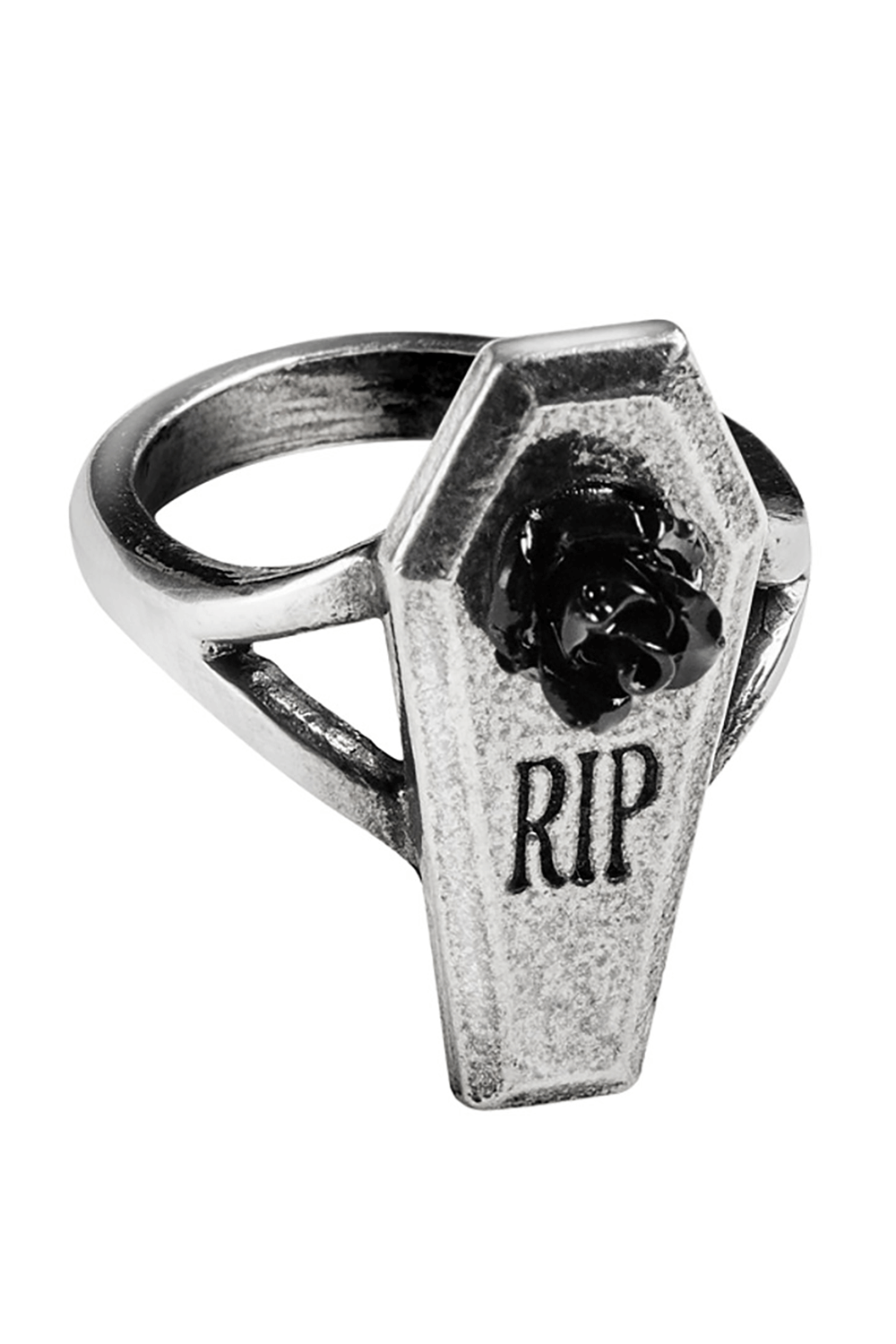 Gothic coffin-shaped ring in pewter with 'RIP' engraving and black resin rose, perfect for dark fashion enthusiasts.