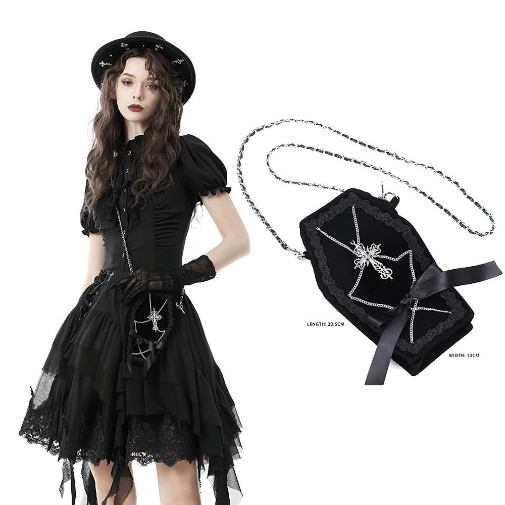 Gothic Coffin Crossbody Bag with Chain Strap and Ribbon Bow